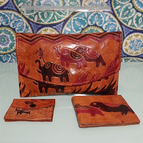 Genuine Leather Wallet Set - Elephant Print - Picture 1 of 12